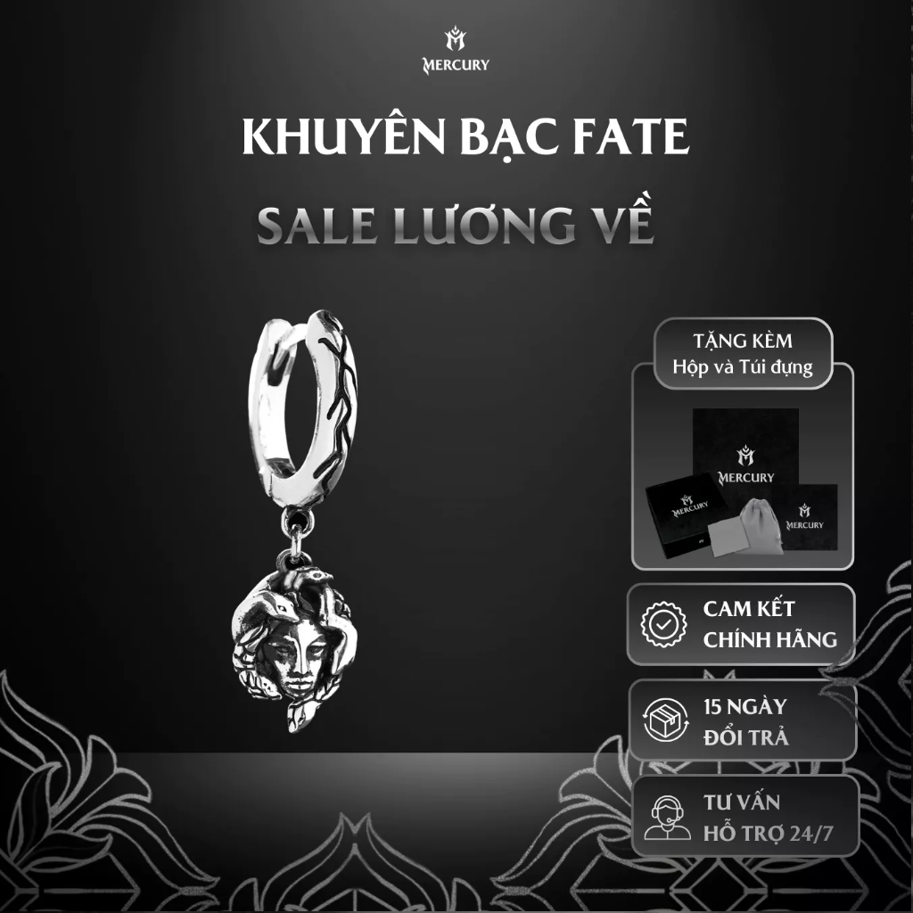 Khuyên tai Bạc nam, nữ 925 Mercury Fate -Trang sức Bạc 925 - Thiết kế họa tiết Medusa