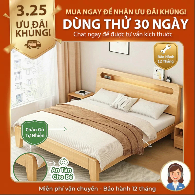 Giường Ngủ Đôi Gỗ Thông Nguyên Khối 1m6x2m  Vạt Gỗ Tự Nhiên Dày Dặn An Toàn Không Mùi Chống Mối Mọt