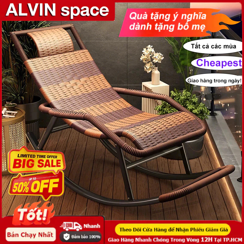 ALVIN ghế lười mây Thư Giãn Ghế Bập Bênh Đôi Có Gác Chân, Ghế Sofa Lười Khung Thếp,Nghề mây tre đan