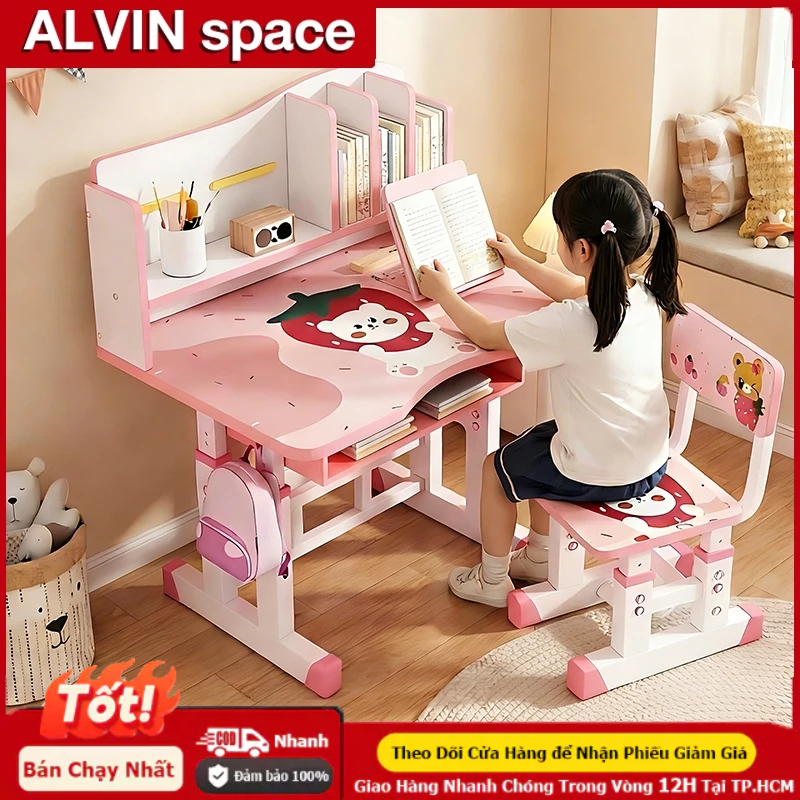 ALVIN Bàn học bàn làm việc có ngăn kéo có thể điều chỉnh màu hồng và xanh dương ghế đồng bộ