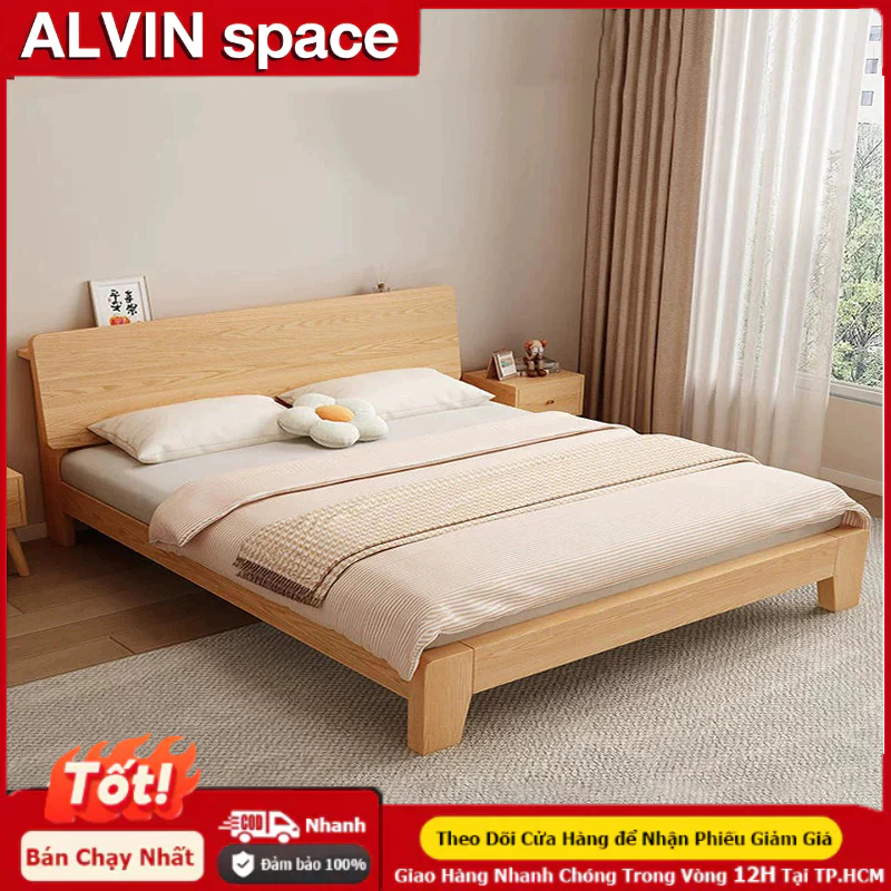 ALVIN Giường gỗ tự nhiên hiện đại, đơn giản cho gia đình, giường đôi 1.8m dày dặn, phù hợp cho phòng ngủ chính