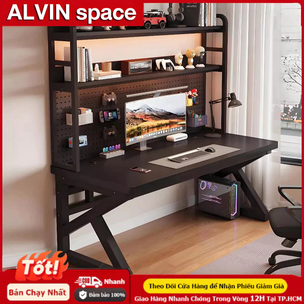 ALVIN Bàn chơi game có ngăn chứa đồ đục lỗ và chân đế chữ K kép