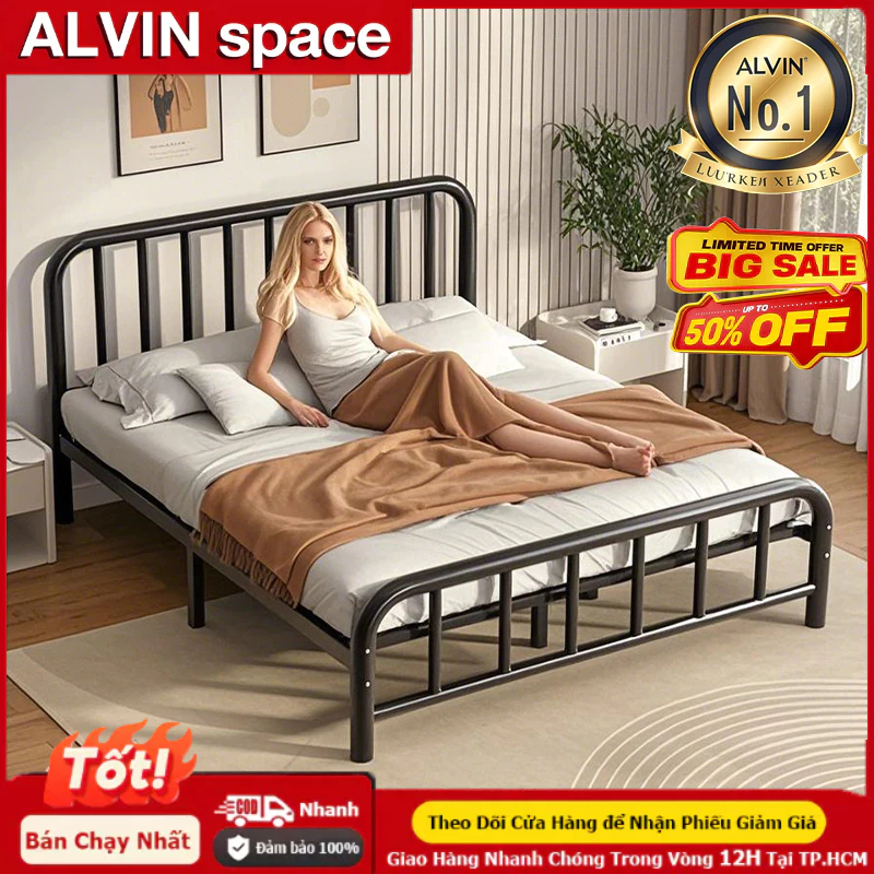 ALVIN Giường Sắt Mỹ Nghệ 1m2/1m6/1m8 - Chống Gỉ, Thiết Kế Sang Trọng Giảm 30% + Miễn Phí Vận Chuyển