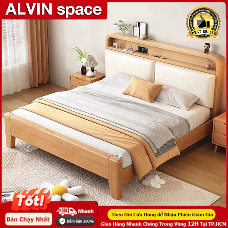 Giường Ngủ Gỗ Thông Tự Nhiên 100% Đầu Giường Có Đệm &Tích Hợp Ngăn Chứa Đồ Kích Thước 3.5/4/5/6 Feet