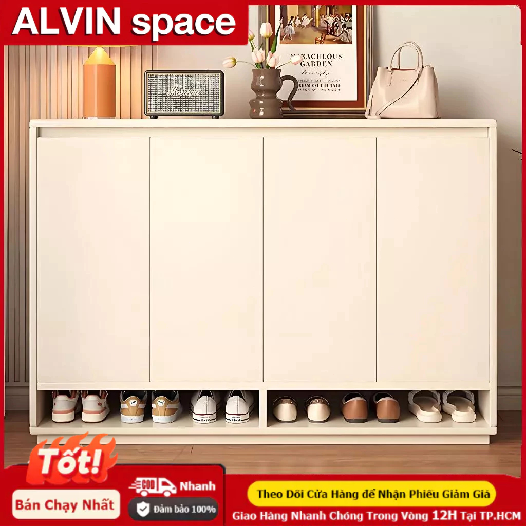 ALVIN Kệ để giày dép Tủ giày gỗ nguyên khối  màu trắng kem  sức chứa lớn  vẻ ngoài cao cấp