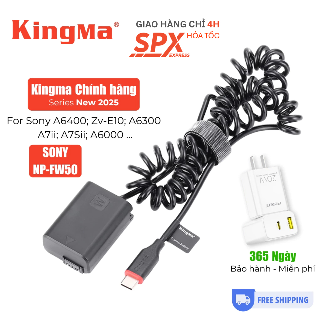 Kingma FW50 Pin ảo/ Pin giả nguồn/ Pin Dummy cho Sony A6400/ ZV-E10 ...+ Củ sạc nhanh PD 20w
