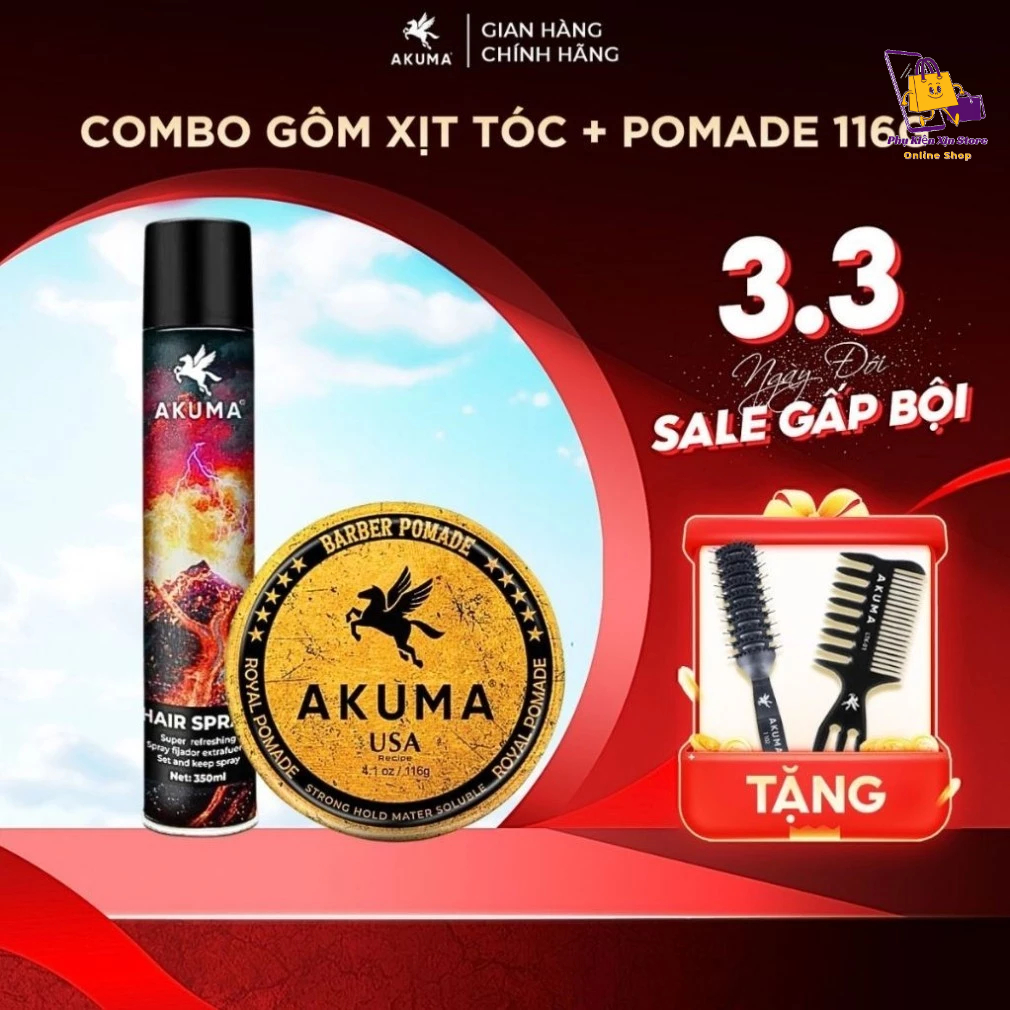 Combo Sáp Vuốt Tóc, Gôm Xịt Tóc, Xịt Tạo Phồng Tóc AKUMA Dầu Gội Nam AKUMA Hương Nước Hoa Nam Tính