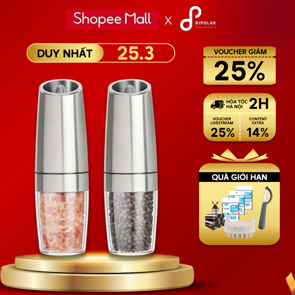 Máy Xay Tiêu Cầm Tay Tự Động DIPOLAR Có Đèn Led Sử Dụng Pin, Lõi Mài Bằng Gốm Cao Cấp - DMXT01