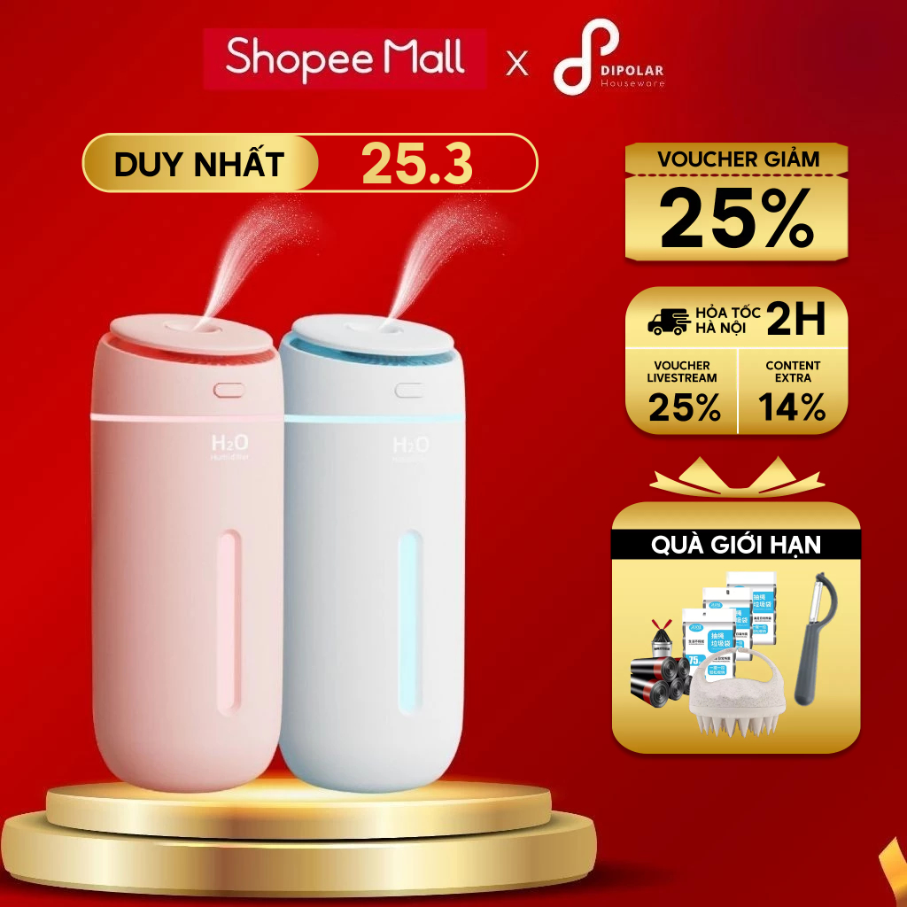 Máy Phun Sương Mini DIPOLAR DMPS01 Tạo Độ Ẩm Xông Tinh Dầu Có Đèn Led Tự Tắt Khi Hết Nước