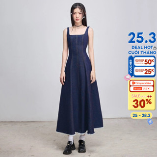 CARA Đầm jean dài hai dây Claire dáng xòe cổ vuông chiết eo cá tính