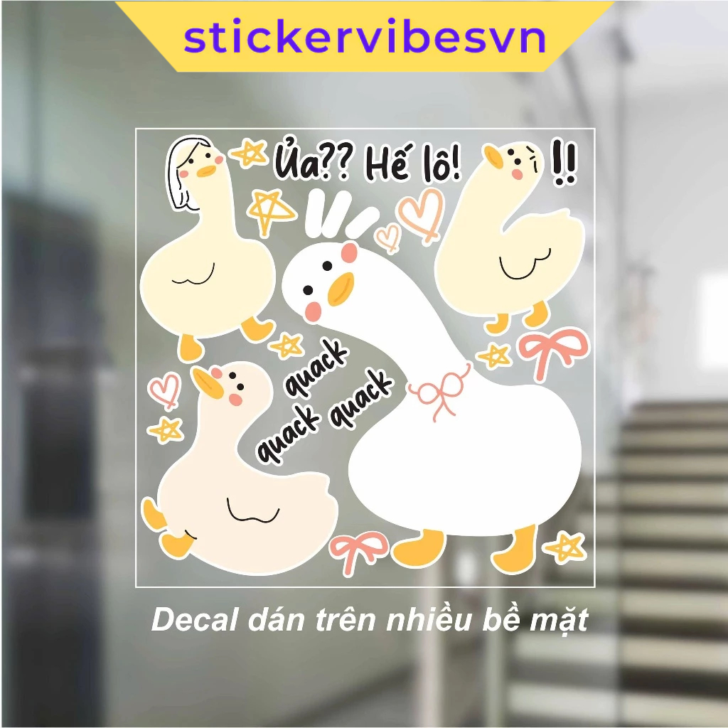 Decal Sticker, Cute Cartoon Duck & "Quack Quack" Dễ Thương, decor kính, dán cửa hàng, lớp học, phòng