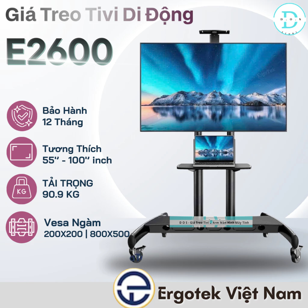 [Hỏa Tốc] Giá treo tivi di động Ergotek E2600 (55-100 Inch) - Tải trọng 91kg - Kệ tivi di động có bá