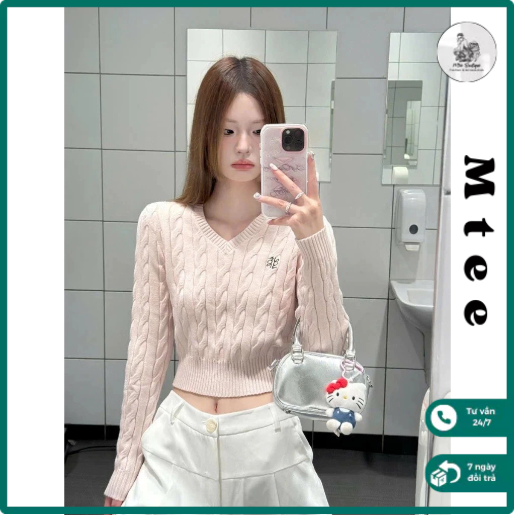 Áo len croptop Mtee cổ tim, Áo len thừng hồng pastel xinh xắn AL75