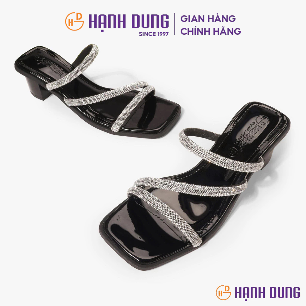 HCM -  Dép Cao Gót Hạnh Dung Gót Vuông Quai Kim Sa HD04926AD ( Màu Đen - Kem )