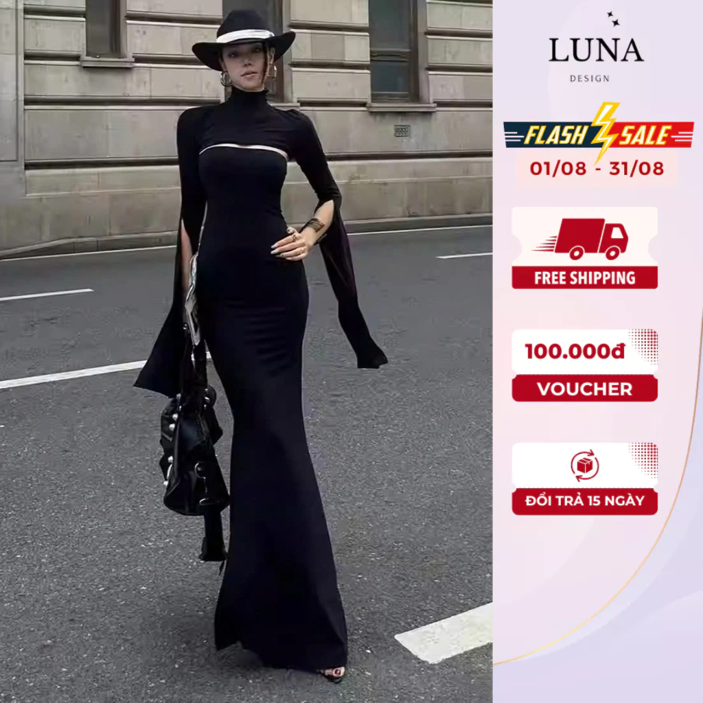 Set Đồ Nữ Dự Tiệc Luna Design Đầm Ôm Body Đen Phối Áo Choàng Lửng Cut-out Quyến Rũ Phong Cách High-F