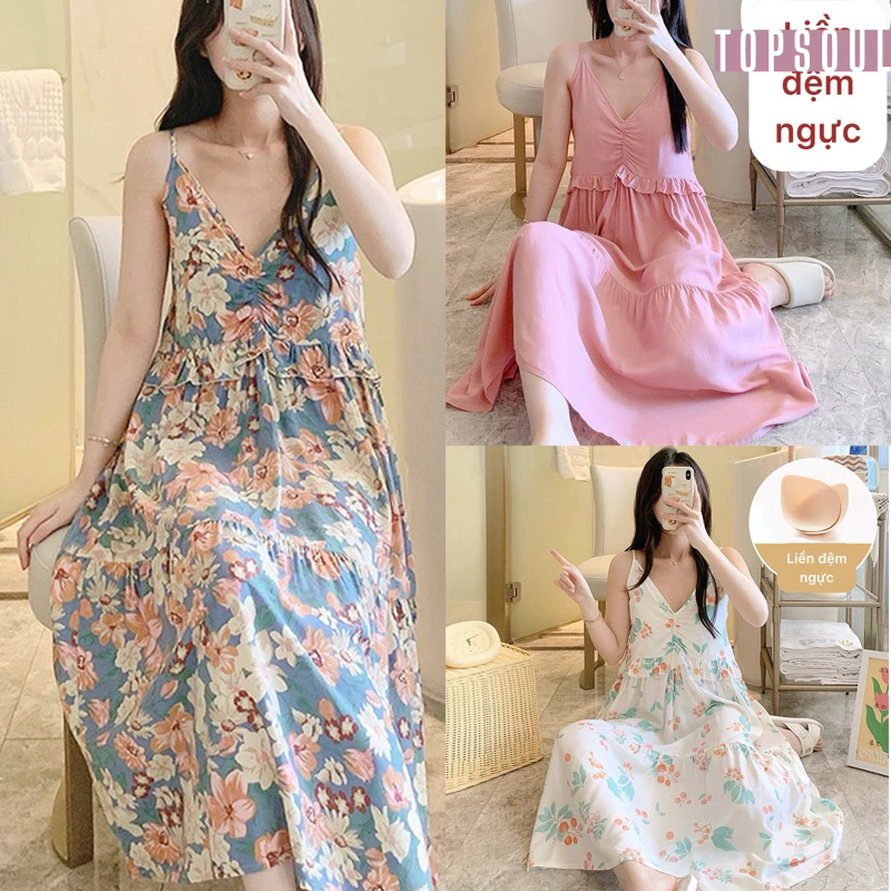 (Xả) Váy lanh lụa Quảng Châu hai dây họa tiết trẻ trung, thời trang 2D4