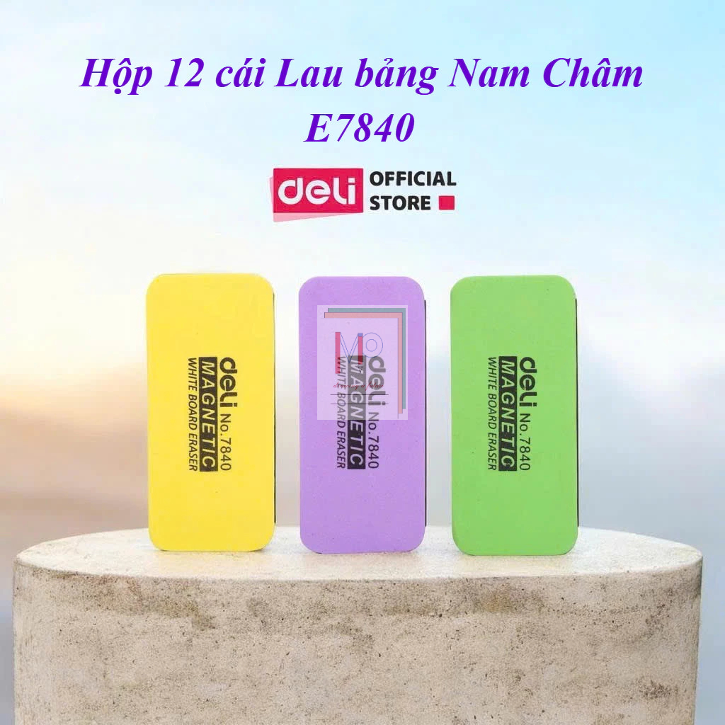 (Hộp 12 cái - E7840) Lau bảng Deli 7840 có nam châm - Bôi bảng Deli 3 màu Tím/ Lá/ Vàng