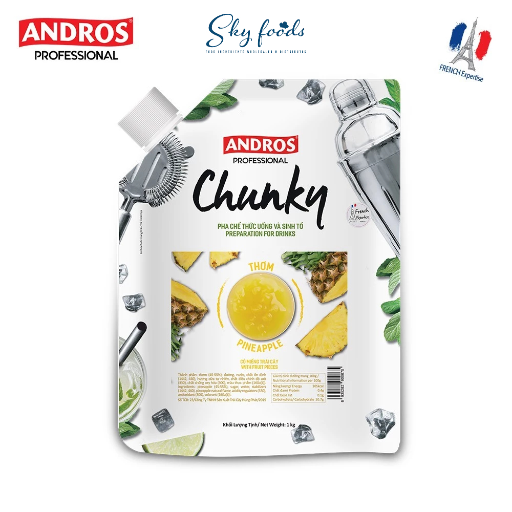Mứt Chunky Thơm (Dứa) Andros (Pineapple Chunky) - túi 1kg.