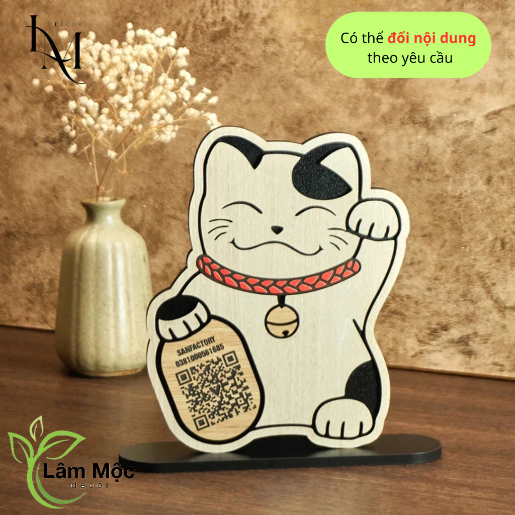 Bảng gỗ QR Code hình Mèo Thần Tài quét mã thanh toán treo tường or để bàn in mã QR theo yêu cầu