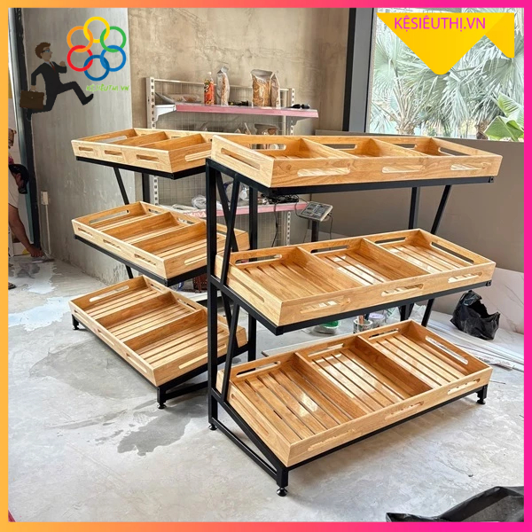 Kệ đơn rau khay gỗ cao su  cao 1m2 dài 1m2 rộng 50 trưng bày hoa quả, kệ rau siêu thị mẫu mới
