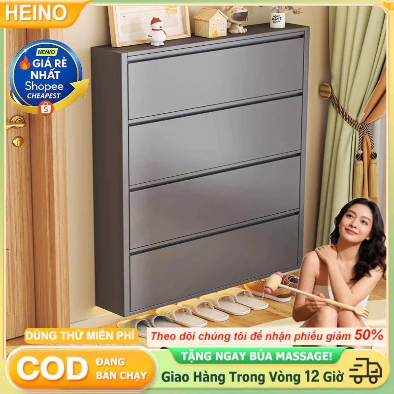 HENIO tủ giày siêu mỏng nắp gập bằng thép 2/3/4 tầng màu trắng xám tiết kiệm diện tích hành lang | BigBuy360 - bigbuy360.vn