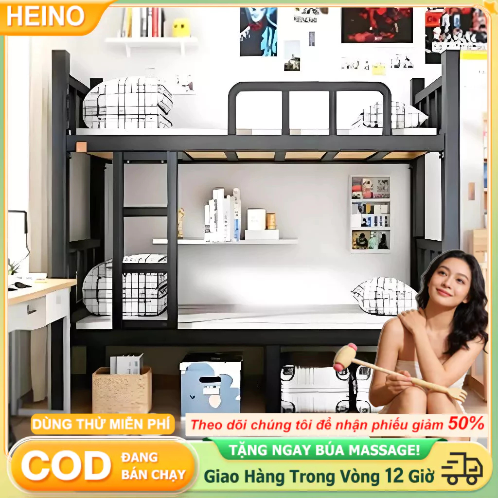 HENIO Giường tầng sắt 2 tầng 2m chắc chắn cho sinh viên công nhân phòng trọ ký túc xá chịu lực tốt