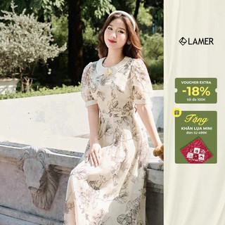 Đầm dáng xòe LAMER dài ngang gối cổ sen phối đính hoa L63L24H104