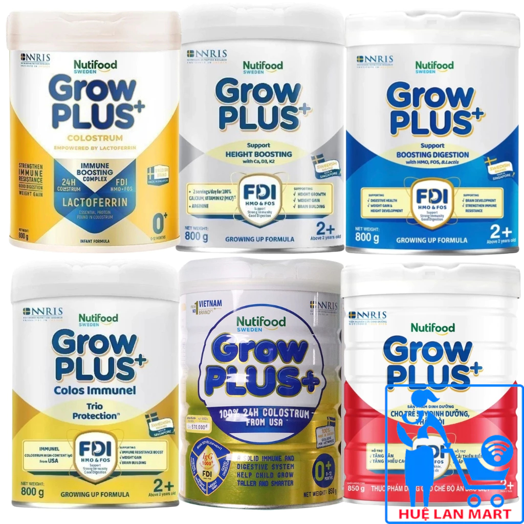 Sữa Bột Nutifood Grow Plus+ Xanh/ Đỏ/ Vàng/ Bạc 0+/1+/2+ Hộp /800g/900g