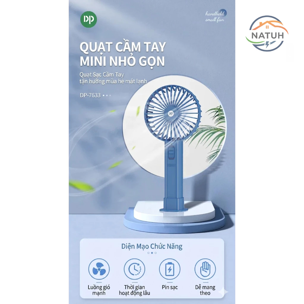 QUẠT MINI CẦM TAY DP-7633 – PIN KHỦNG 1500MAH (2 CẤP ĐỘ GIÓ)