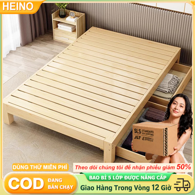 HEINO Giường Ngủ Hiện Đại Gỗ Tự Nhiên Giường Pallet Gỗ Thông Mới Đẹp Chất Lượng gỗ thật 100%