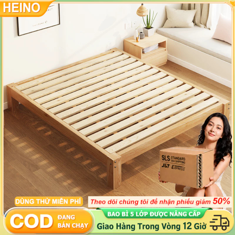 HEINO Giường Ngủ Pallet Gỗ Tự Nhiên Đủ Kích Thước Chất Lượng Cao Loại Chân Cao - Bảo Hành 12 Tháng