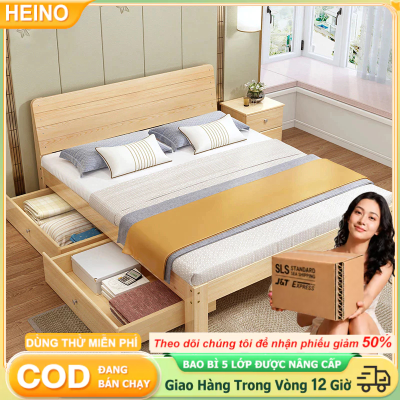 HEINO Giường Ngủ Gỗ Thông Tự Nhiên Có Chân Hiện Đại Cao Cấp bền đẹp Không Bị Mối Mọt Hàng Xuất Khẩu