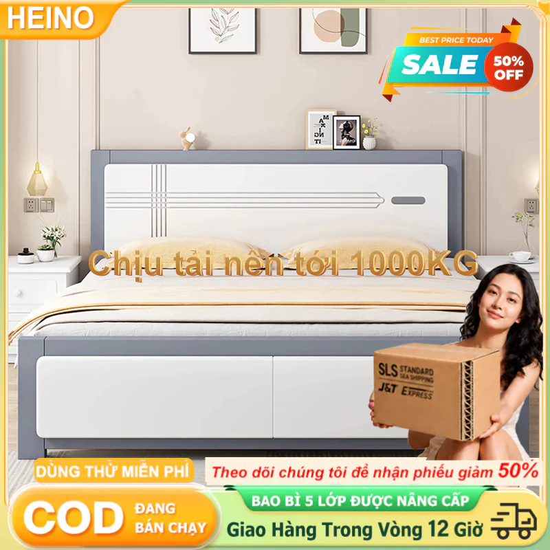 HENIO Giường gỗ tự nhiên cao cấp 1m8/1m5/1m2  thiết kế hiện đại, màu trắng sang trọng cho phòng ngủ | BigBuy360 - bigbuy360.vn