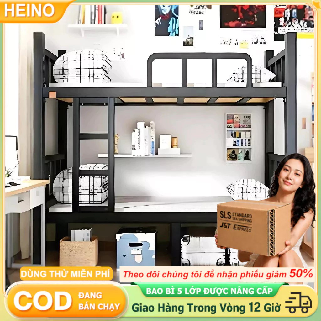 HENIO Giường tầng sắt 2 tầng 2m chắc chắn cho sinh viên công nhân phòng trọ ký túc xá chịu lực tốt