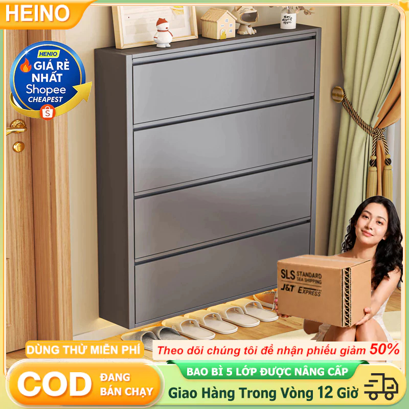 HENIO tủ giày siêu mỏng nắp gập bằng thép 2/3/4 tầng màu trắng xám tiết kiệm diện tích hành lang