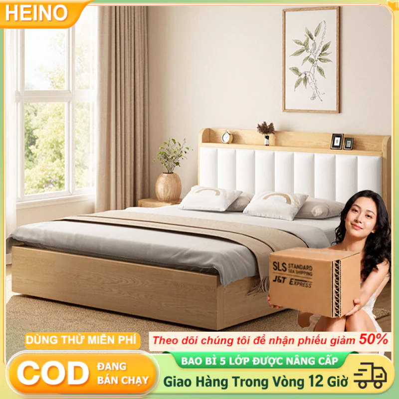 Giường ngủ thông minh 1m8 Giường gỗ tự nhiên cao cấp phong cách hiện đại Có ngăn kéo Dễ lắp ráp