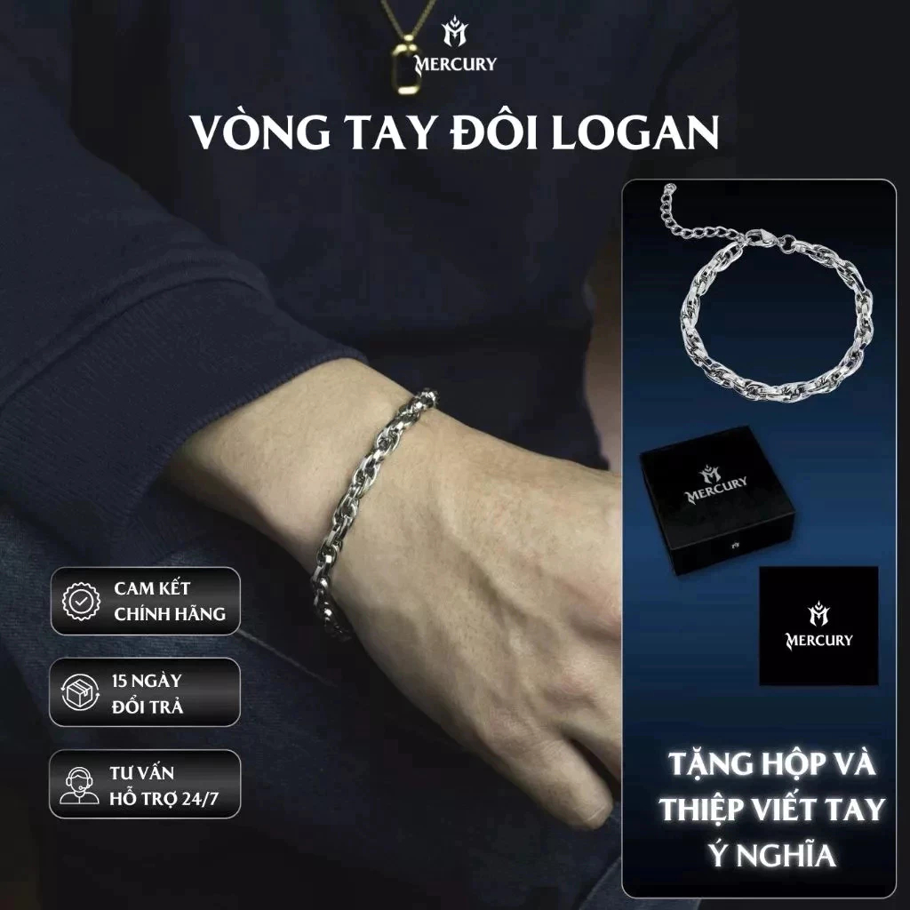 [LOGAN] Vòng tay titan không gỉ xích oval lớn freesize phong cách cá tính kèm hộp cao cấp MERCURY