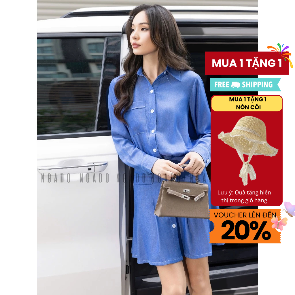 Đầm sơ mi xanh jean NGADO , đầm sơ mi Nữ , đầm jean , đầm công sở