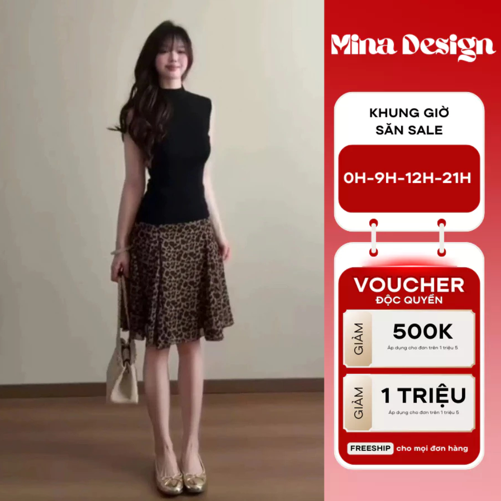 Set Đồ Nữ Đi Biển Mina Design ,Set Áo Sát Nách Ôm Body Kèm Chân Váy Midi Xòe Họa Tiết Da Beo Dạo Phố