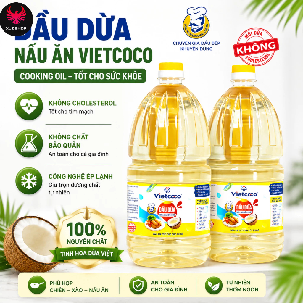 [COMBO 2 CHAI-2LÍT/can] Dầu Dừa Vietcoco – Nấu Ăn Nguyên Chất,Không Cholesterol Tốt Cho Sức Khỏe