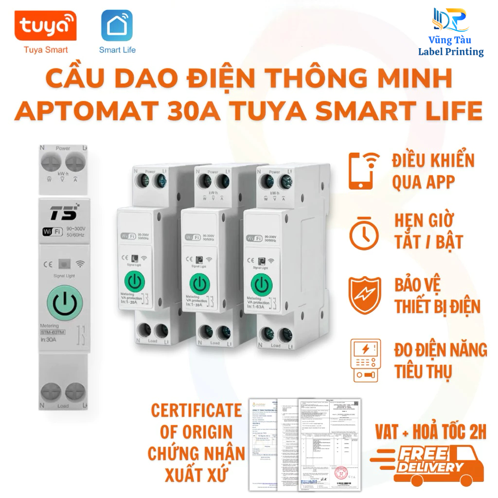 Cầu giao CB thông minh Wifi, Aptomat Tuya Smart Life - Công suất 30A - Điều khiển qua App