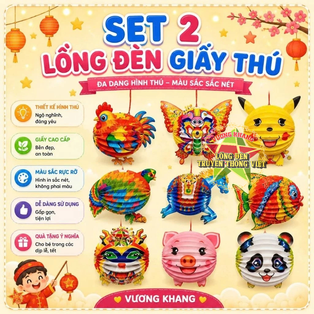 Combo 2 Lồng Đèn Giấy Xếp Thú LOẠI LỚN vui trung thu Giá sỉ - Set 2 Cái Lồng Đèn Giấy Thú Trung Thu 