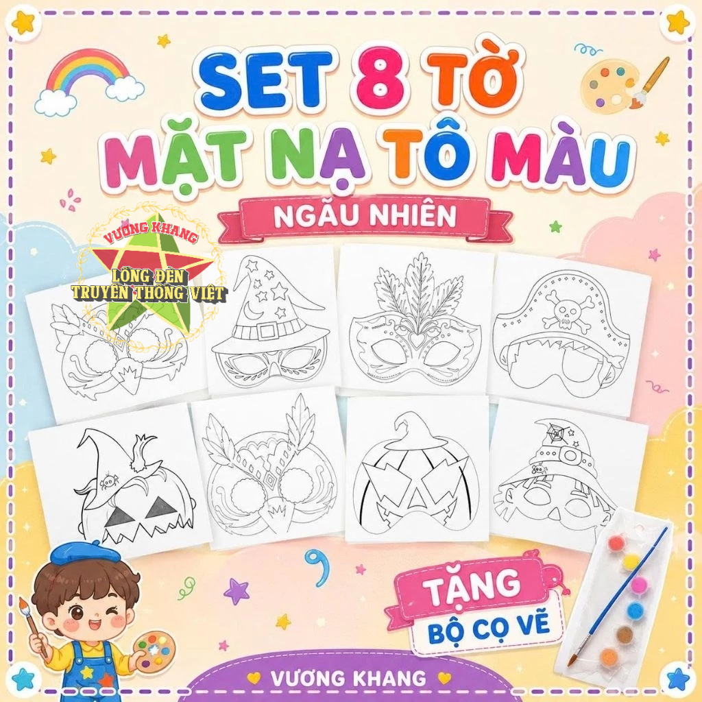 SET 8 TỜ Mặt Nạ Halloween Giấy Tự Tô Màu Cho Bé Sáng Tạo - Mặt nạ tự tô màu Trung Thu, Noel, Mặt Nạ 