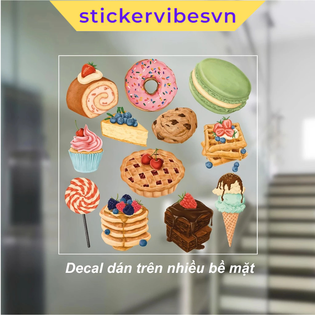 Decal Sticker, Cute Donut, Waffle, Pancake, Macaron & Cheesecake dễ thương, decor kính, phòng cho bé