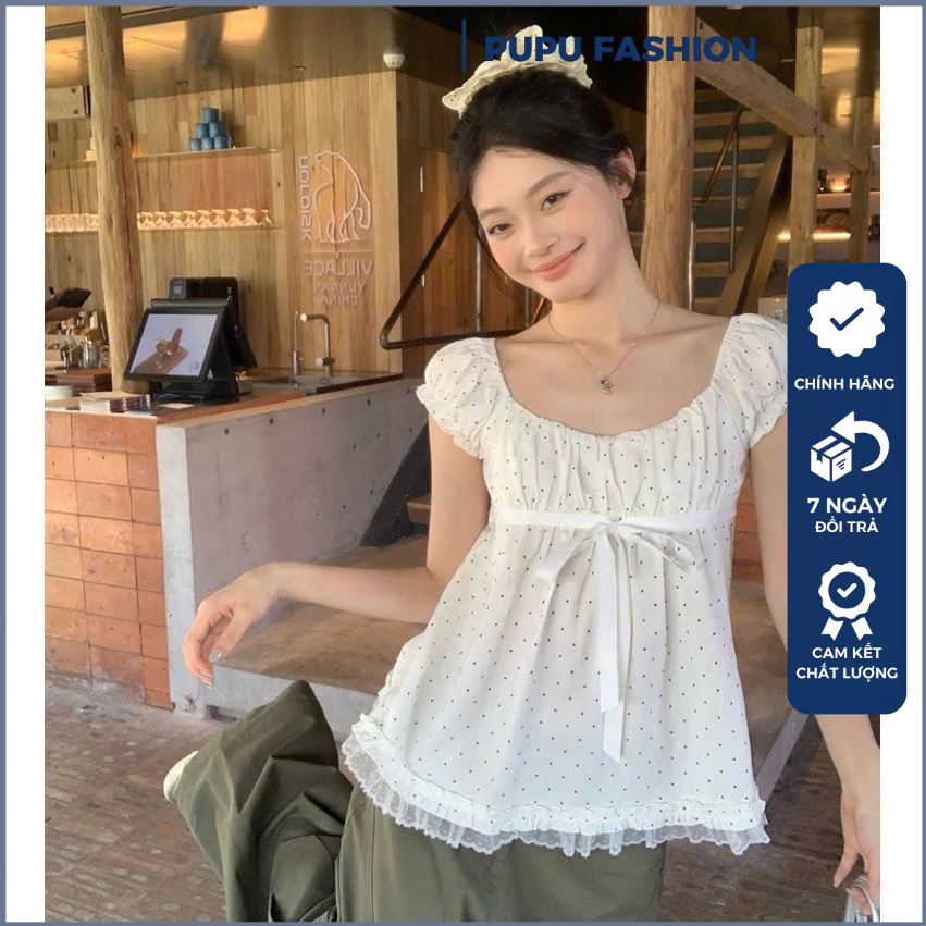 Áo kiểu nữ babydoll PUPU tay bồng, Áo babydoll viền bèo phong cách tiểu thư A69