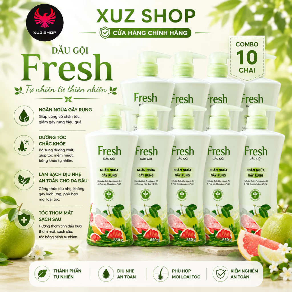 (650g) Combo 10 chai 🍊 Dầu Gội Fresh Bưởi & B5 – Giảm Gãy Rụng Tóc, Kích Thích Mọc Tóc