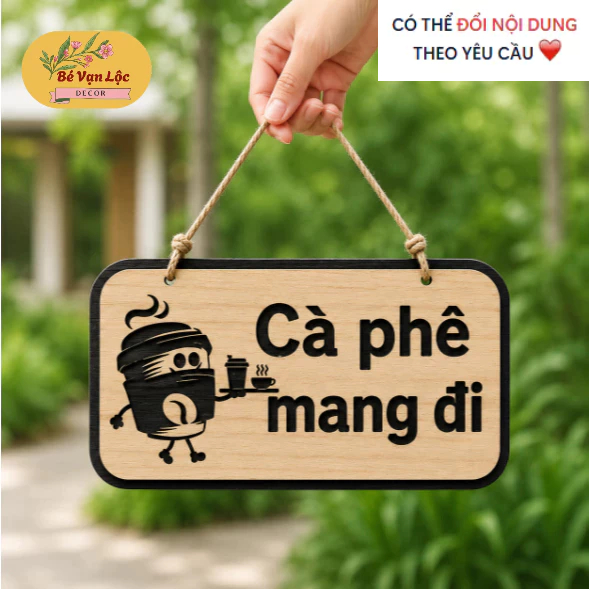 Bảng gỗ cafe mang đi dạng treo, biển cà phê mang đi decor xe cafe, quầy cafe