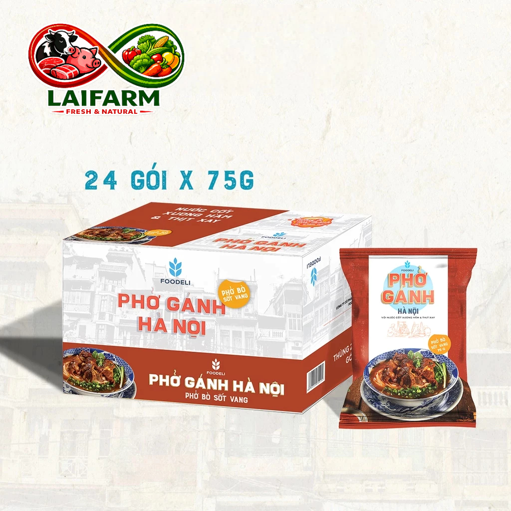 [Laifarm - Hỏa tốc HN] Phở Gánh Hà Nội ăn liền - Phở Bò Sốt Vang  (Thùng 24x75Gr) - FOOODELI -Phở Bò