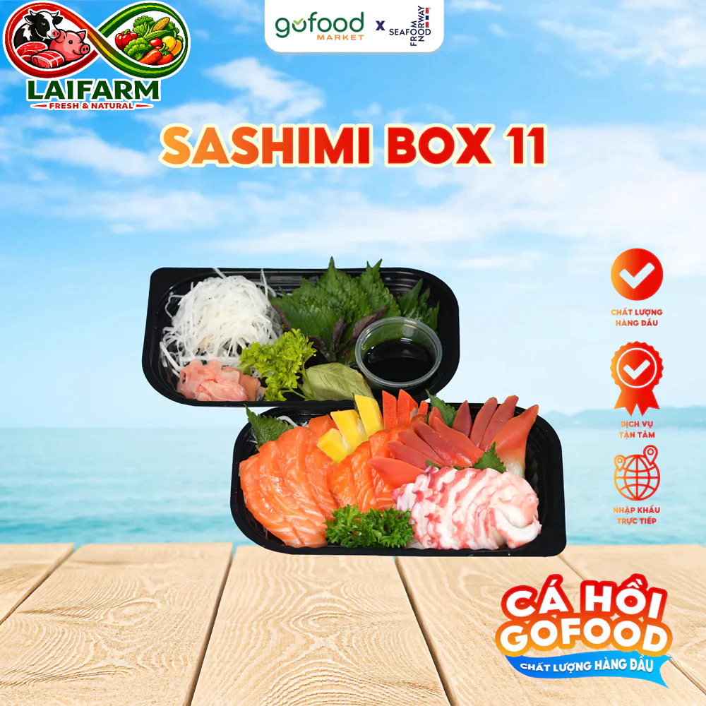 [Laifarm] GOFOOD - Sashimi Box 11 Gồm Cá Hồi Nauy, Cá Trích Ép Trứng, Sò Đỏ Nhật, Bạch Tuộc Nhật - G