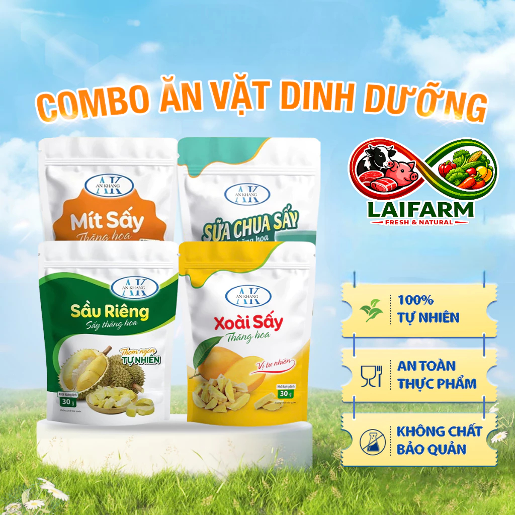 [Laifarm] Combo ăn vặt dinh dưỡng không đường xoài, mít, sầu riêng, sữa chua sấy thăng hoa AnKhang F